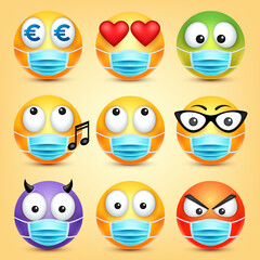 Emoticons, emoji vector collection. Cartoon yellow face with medical mask. Facial expressions and emotions.