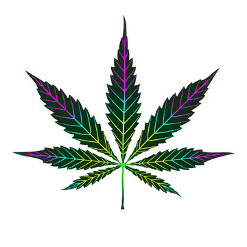 Cannabis Colorful Leaf Isolated On White. Shape Or Silhouette Herbal Nature Symbol. Vector Cartoon Hand Drawing Bright Rainbow Multicolor Logo Marijuana Grass Or Ganja Plant. 