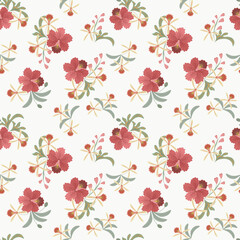 Vector floral seamless pattern. Stylish tropical background with red orchid flowers and green leaves on white backdrop. Elegant botanical texture. Summer style design for textile, wallpapers, print