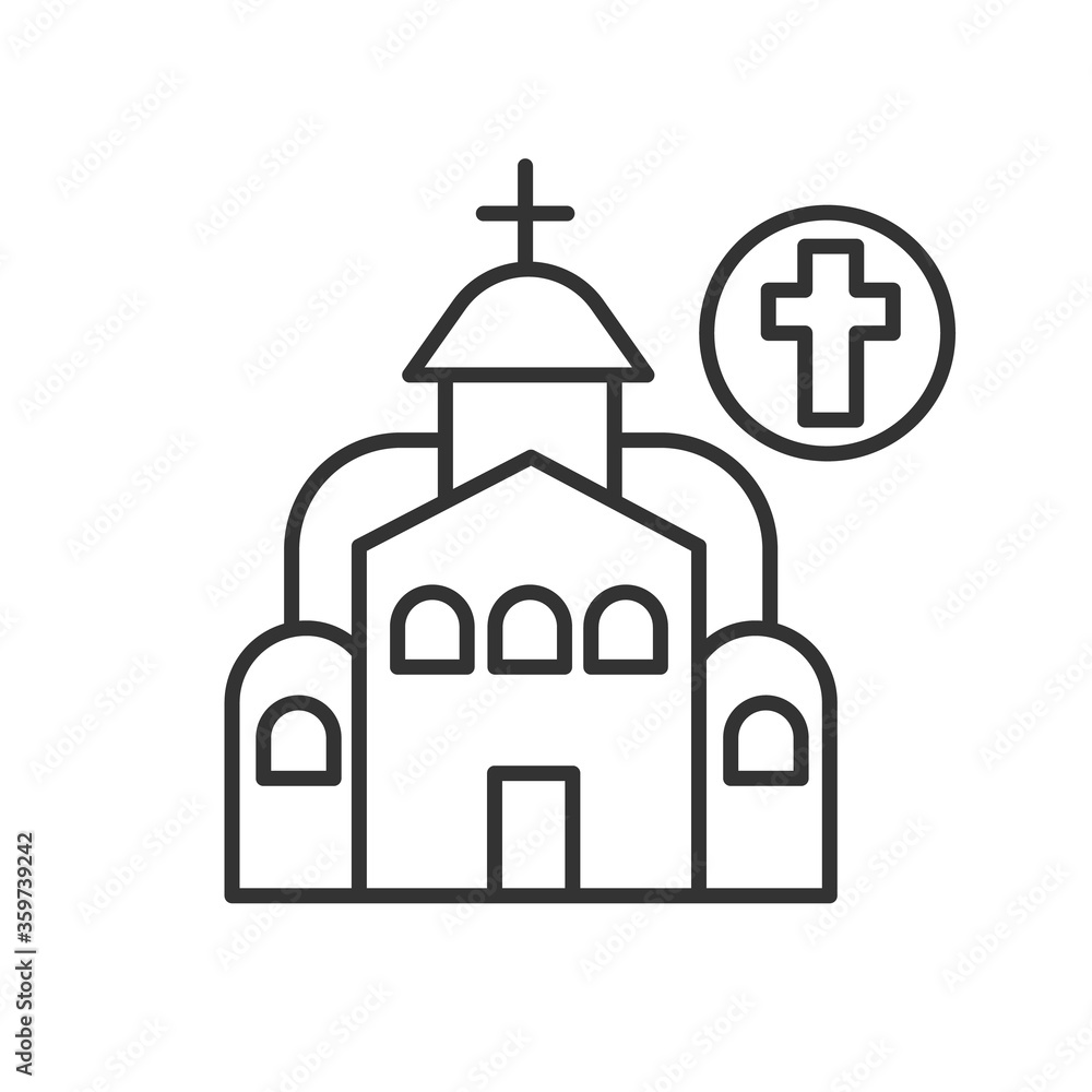 Poster christian church icon. linear pictogram of temple with catholic cross. concept graphical element lan