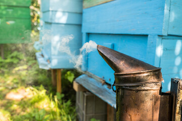 Beekeeping smoker on the background of beehives