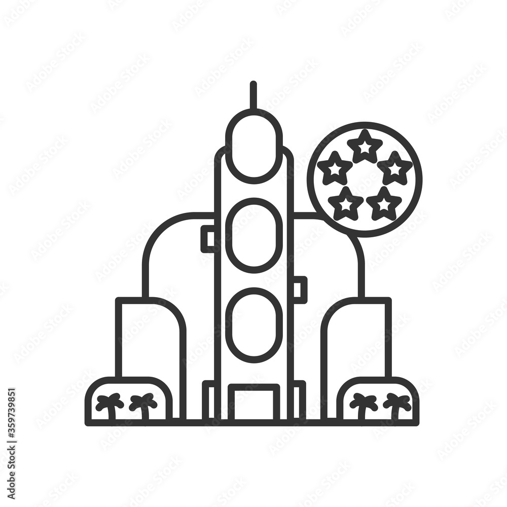 Poster hotel icon. luxury inn building with five star rating linear pictogram. concept of high class touris