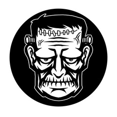 Vector illustration of Creepy Halloween Frankenstein Monster on the Black-White Background. Hand-drawn illustration for mascot sport logo badge label poster emblem patch t-shirt printing. Vector Logo
