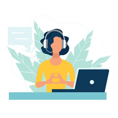 customer service concept, hotline operator advises customer, online global technical support 24/7, customer and operator. Vector illustration