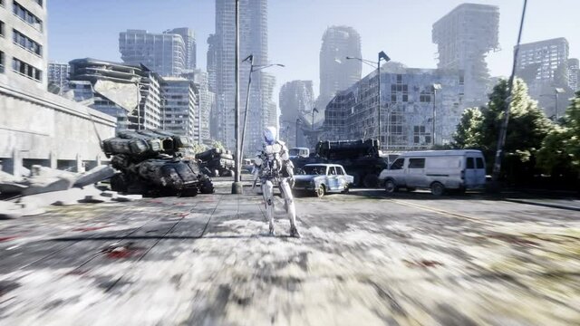 Military robot in destroyed city. Future apocalypse concept. Realistic 4k animation.