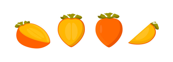 Bright vector set of colorful half, slice and whole of juicy persimmon. Fresh cartoon persimmon isolated on the white background. Juice or jam logotype. Vector illustration.