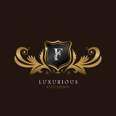 Golden F Logo Luxurious Shield, creative vector design concept for luxury brand identity.