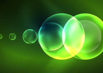 Glowing neon shiny transparent bubbles, glass circles or bio cell concept. Techno futuristic vector abstract background For Wallpaper, Banner, Background, Card, Book Illustration, landing page