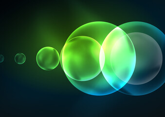 Glowing neon shiny transparent bubbles, glass circles or bio cell concept. Techno futuristic vector abstract background For Wallpaper, Banner, Background, Card, Book Illustration, landing page