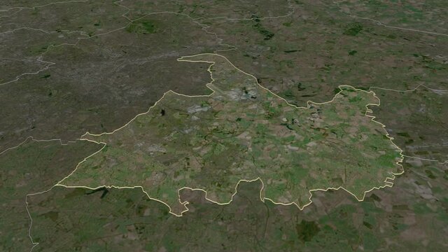 Solihull, unitary authority with its capital, zoomed and extruded on the satellite map of England in the conformal Stereographic projection. Animation 3D