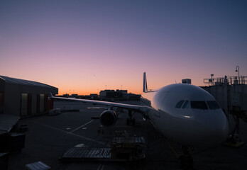 Naklejka na ściany i meble Grounded plane at the airport at dusk, waiting for passengers.