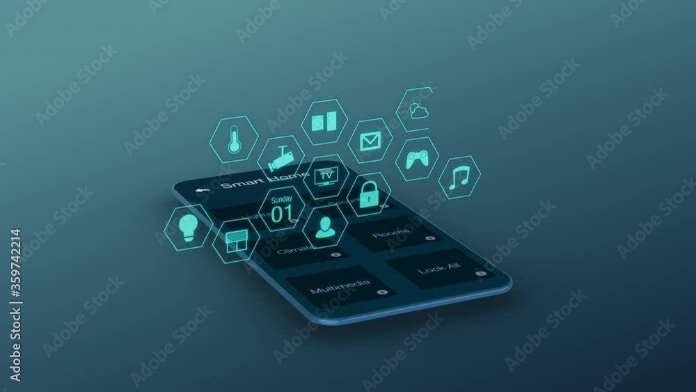 Poster stylized smartphone with a smart home app and a futuristic holographic interface, seamless loop, lum