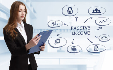 Business, technology, internet and network concept. Young businessman thinks over the steps for successful growth: Passive income