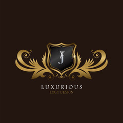 Golden J Logo Luxurious Shield, creative vector design concept for luxury brand identity.