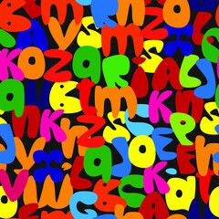 Seamless vector pattern of multicolored letters of the alphabet on a black background.  - 359743034
