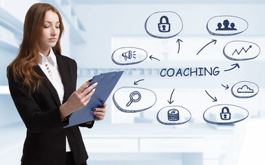 Business, technology, internet and network concept. Young businessman thinks over the steps for successful growth: Coaching