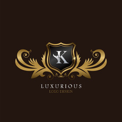 Golden K Logo Luxurious Shield, creative vector design concept for luxury brand identity.