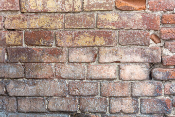 Texture of an old red brick brick wall. Stunning wall of the last century. Grunge red stone wall, shabby building facade. Abstract pattern, copy space.