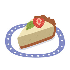Vector cheesecake with strawberry on a plate with a blue edge.