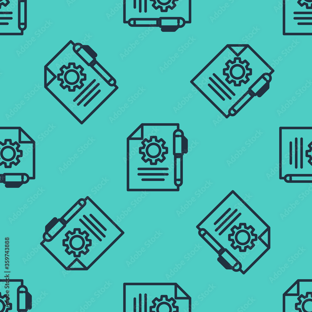 Poster black line document settings with gears icon isolated seamless pattern on green background. software
