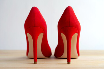 Red female shoes on a wooden floor. Back view