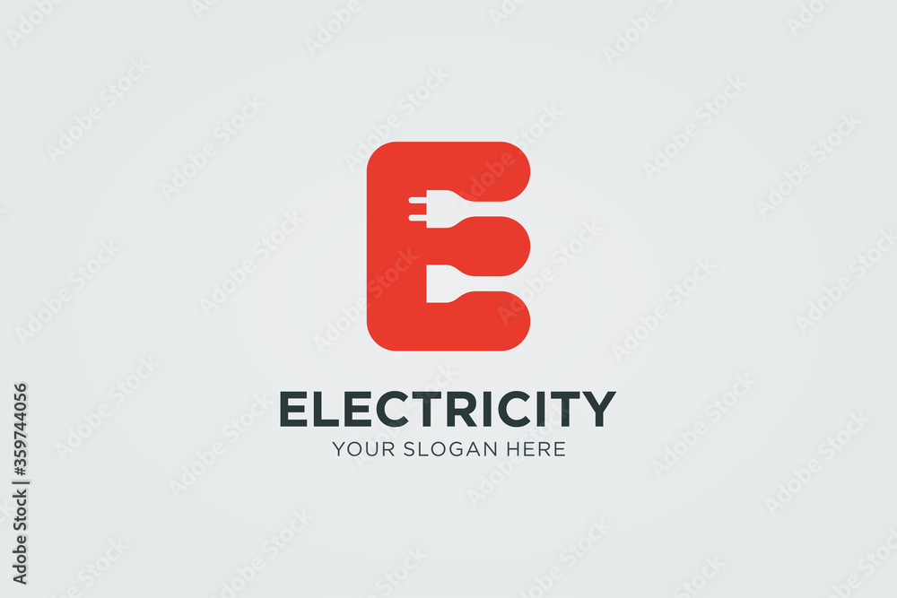 Poster initial letter e electricity logo. red square rounded shape e letter with negative space wire and pl