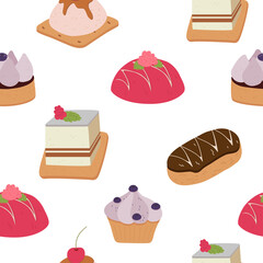 Seamless vector pattern with cakes on a white background. Cakes with raspberries, blueberries, eclairs, cupcakes.