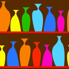 Seamless vector pattern of bottles on a shelf on a brown background.  - 359744298