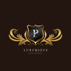 Golden P Logo Luxurious Shield, creative vector design concept for luxury brand identity.