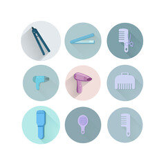 hair care flat icon set with hairdryer, hair comb, straightening forceps, Blow dry