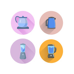 Kitchen electrical equipment set with tea kettle blender flat icon
