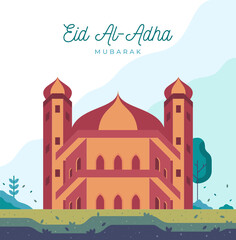 Eid Al-Adha Gretting Card Template. Eid Al-Adha Social Media Template. Flat Mosque Illustration
