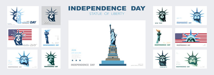 Independence day portrait Statue of Liberty, poster presentation. Set of green flat design templates. USA flag Holiday. The national symbol of America New York, banner.Name of advertising text, vector © VASYL
