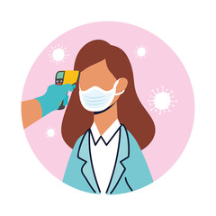 check temperature with laser thermometer to female patient