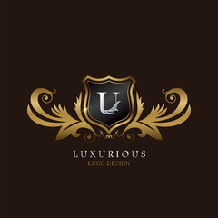 Golden U Logo Luxurious Shield, creative vector design concept for luxury brand identity.