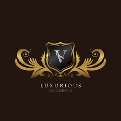 Golden V Logo Luxurious Shield, creative vector design concept for luxury brand identity.