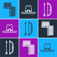Set line Indian headdress with feathers, Bow and arrow in quiver and Western cowboy hat icon. Vector...