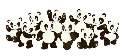 Cute cartoon panda characters crowd with various emotions vector illustration