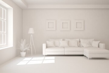 White minimalist living room with sofa. Scandinavian interior design. 3D illustration