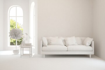 White minimalist living room with sofa. Scandinavian interior design. 3D illustration