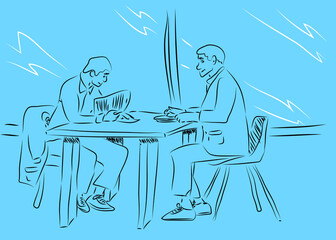 Two businessmen discussing doing business. Talking about business ideas and commercial enterprise. Vector line drawing.
