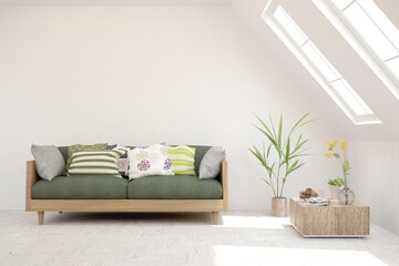 White living room with sofa. Scandinavian interior design. 3D illustration
