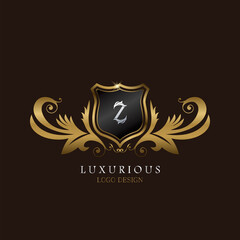 Golden Z Logo Luxurious Shield, creative vector design concept for luxury brand identity.