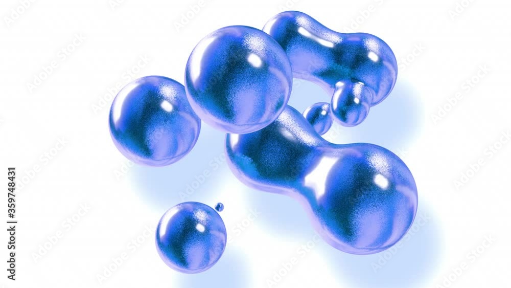 Poster amasing abstract background of metaballs as if glass drops or spheres filled with blue sparkles merg
