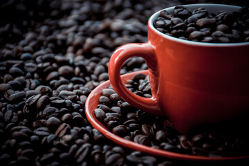 red coffee cup and dish filled with black coffee beans, with the same beans in the background