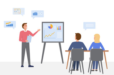 Business meeting. A man makes a presentation and shows infographics on a blackboard. Business seminar. People are sitting at the table.