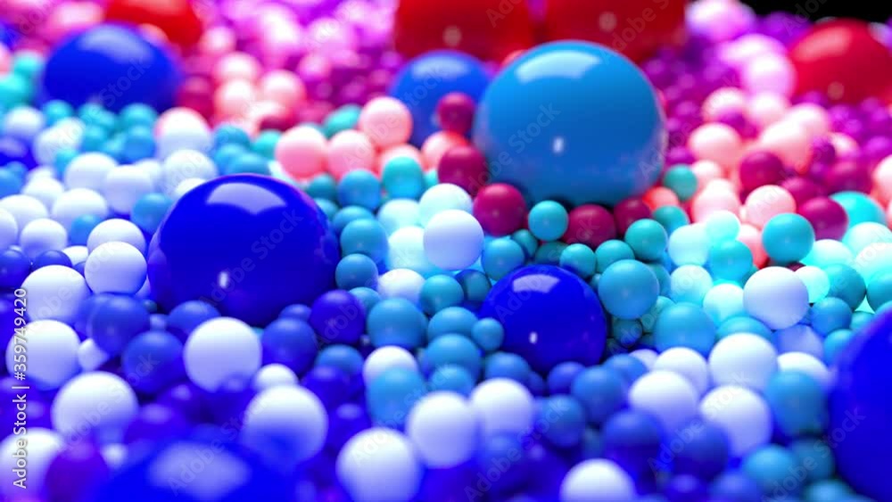 Poster light composition with colorful balls that cover surface, some of which glow. 3d in 4k abstract back