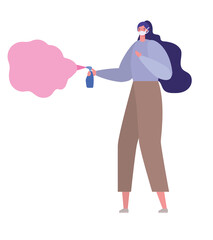 Woman with mask and spray bottle design of Fight covid 19 virus and stop spread theme Vector illustration