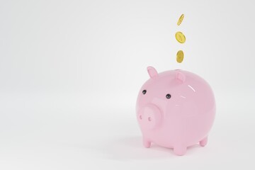 pink piggy bank with coins. money saving concept on white background. 3d render.