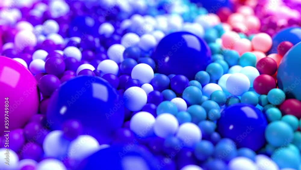 Poster light composition with colorful balls that cover surface, some of which glow. 3d in 4k abstract back